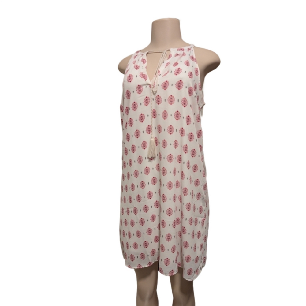 White & Pink‎ Medallion Print Sleeveless Dress with Tassel Detail